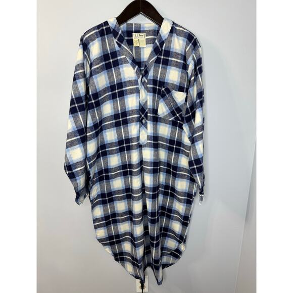 LL Bean Mens VTG Flannel Blue Plaid Cotton Sleep Shirt Night Gown Unisex XL - Picture 6 of 10
